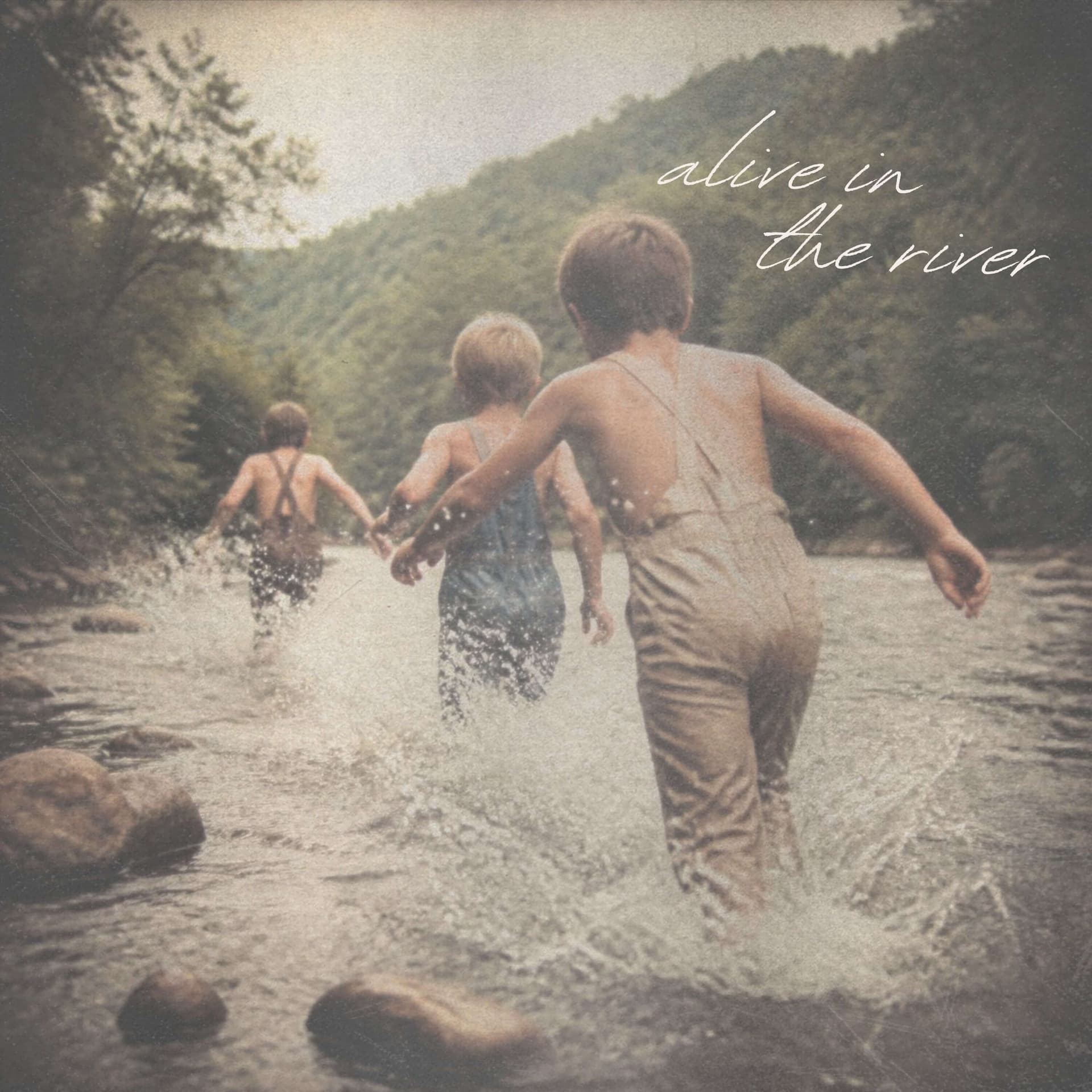 Alive in the River cover art showing three children running into a river