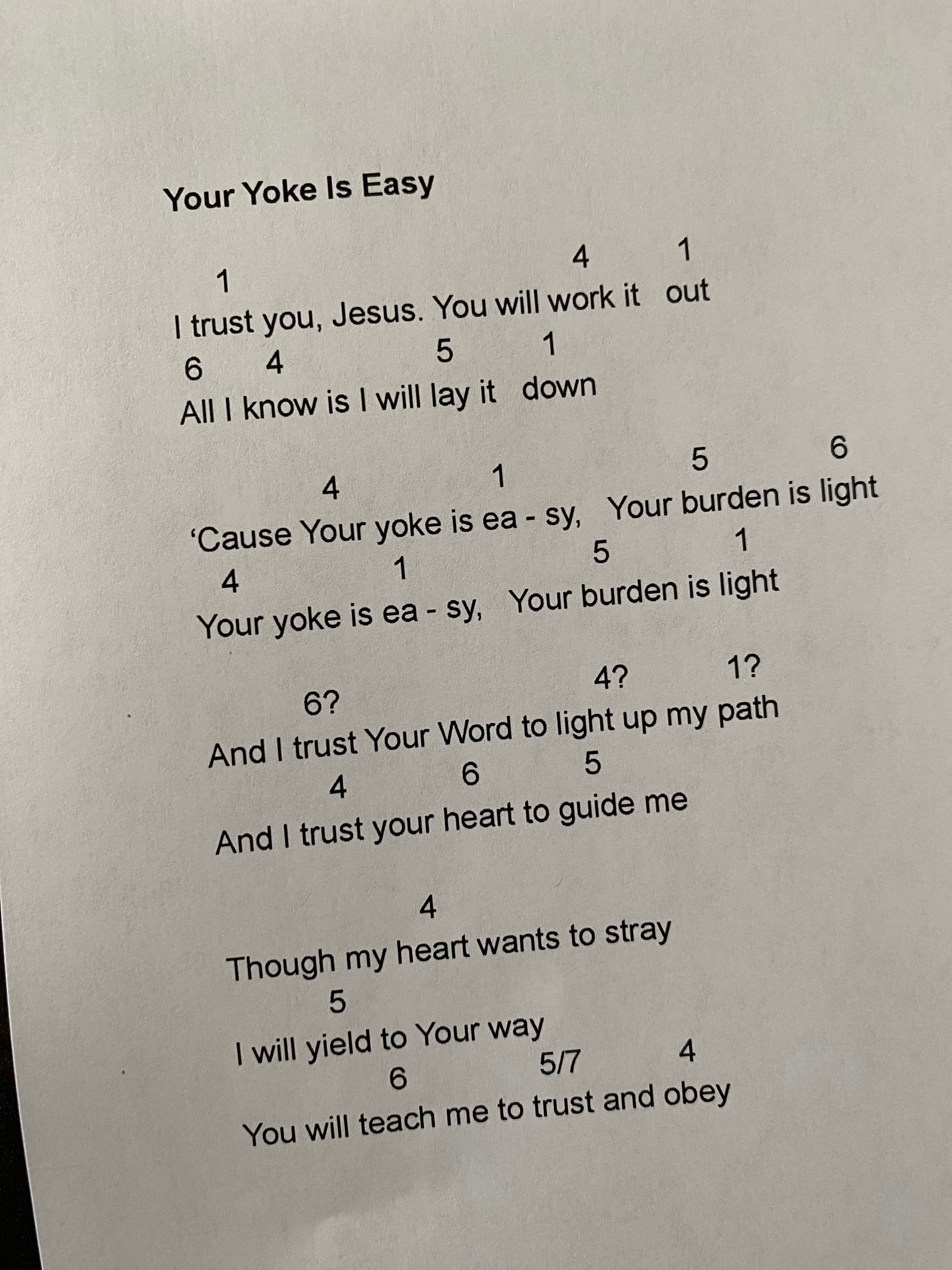 Printed lyrics and chords for Your Yoke Is Easy