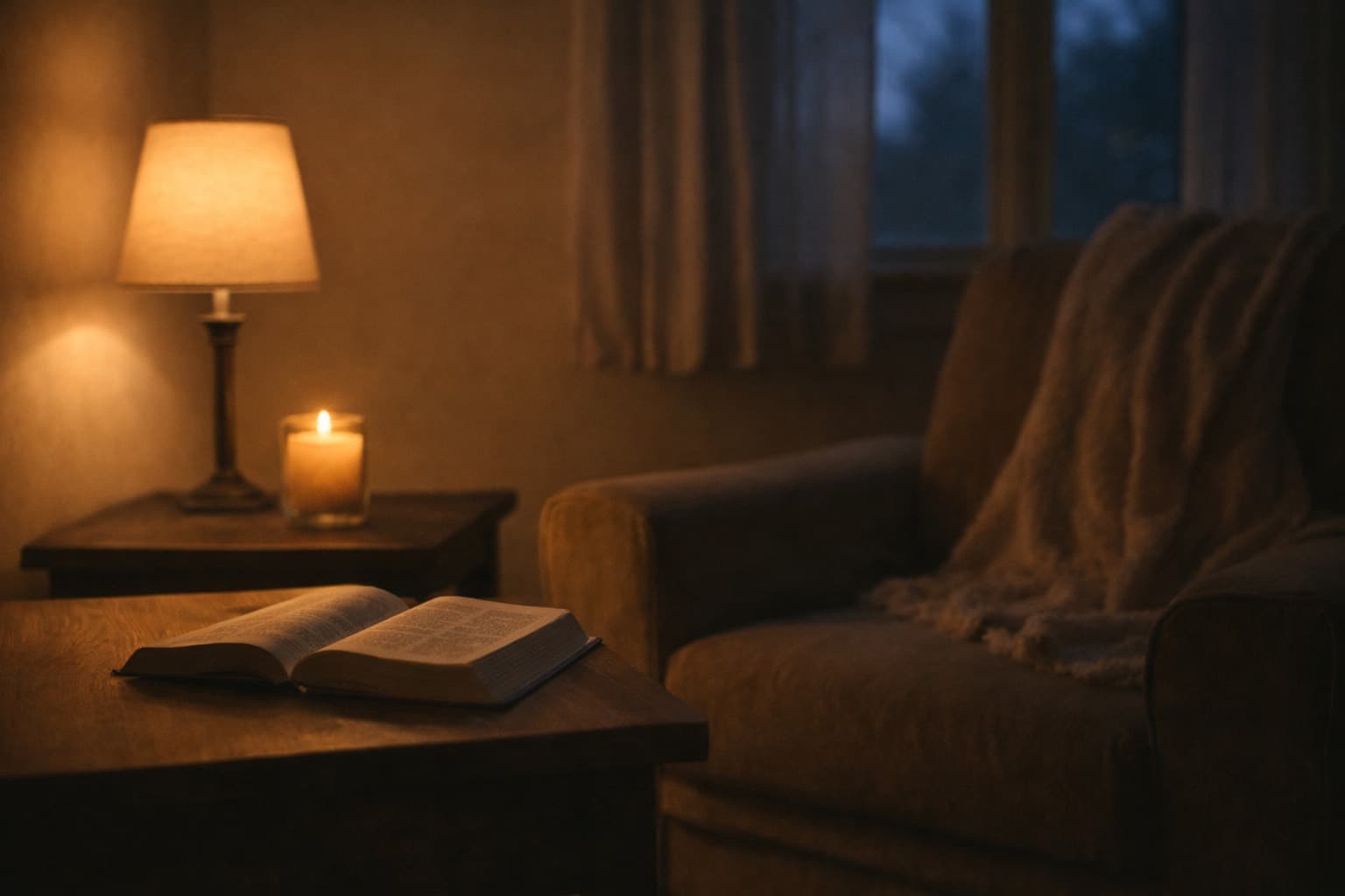 Open journal, acoustic guitar, and candlelit home worship scene at dusk