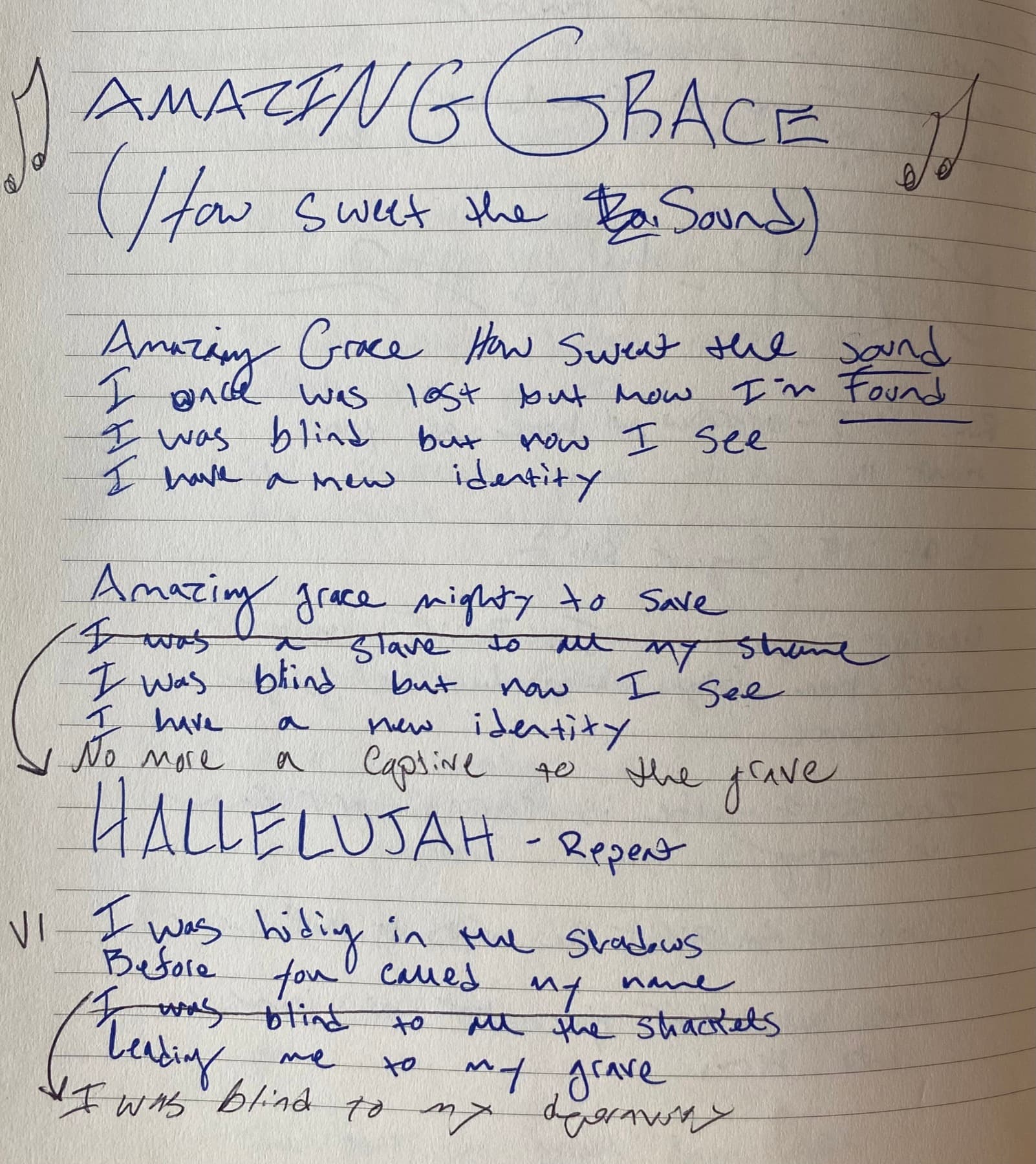 Original handwritten lyrics in progress for Amazing Grace (Hallelujah)