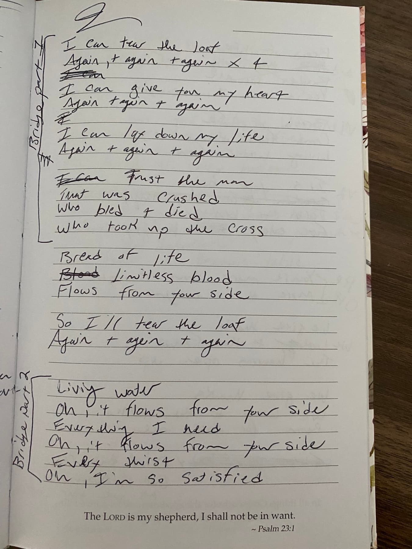 Handwritten lyrics in progress for Tear the Loaf (page 1)