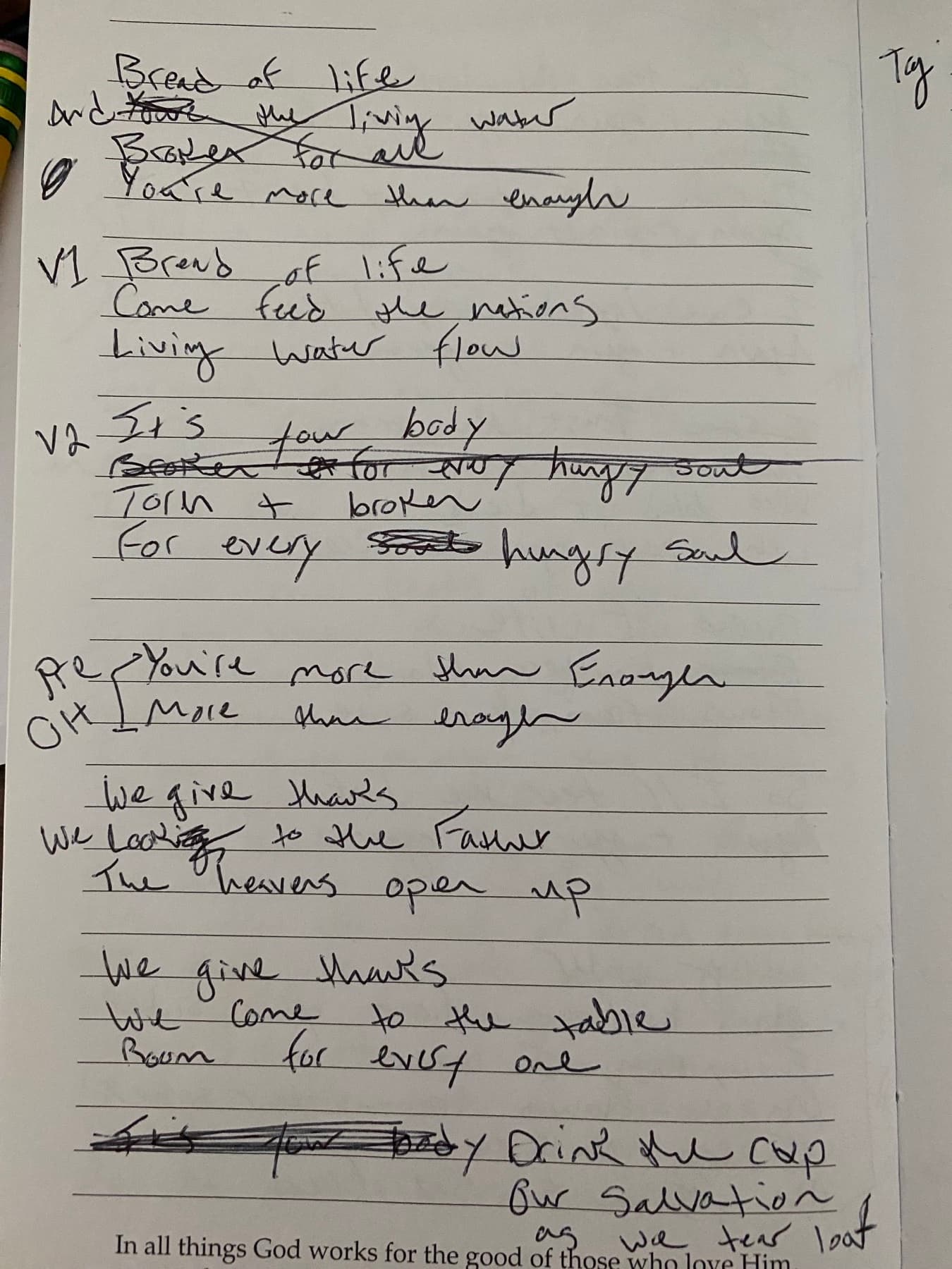 Handwritten lyrics in progress for Tear the Loaf (page 2)